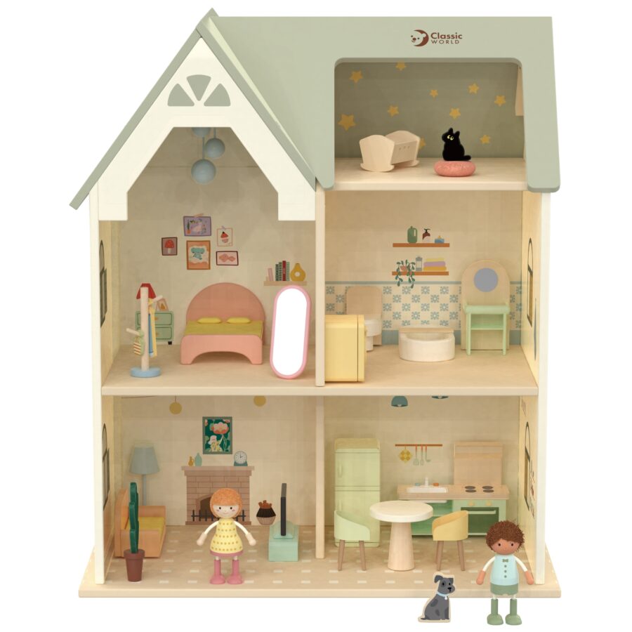 CLASSIC WORLD Wielki Drewniany Domek dla Lalek z mebelkami
