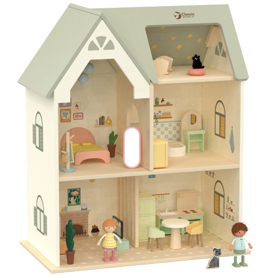 CLASSIC WORLD Wielki Drewniany Domek dla Lalek z mebelkami