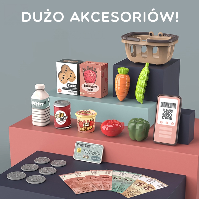 WOOPIE Kasa Sklepowa Dla Dzieci Skaner Waga Mikrofon + 25 Akc.