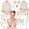 TOOKY TOY Drewniana Toaletka z Krzesełkiem Akcesoria Lustro z Oświetleniem LED + Kosmetyki