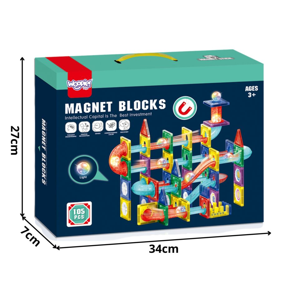 WOOPIE Klocki Magnetyczne Konstrukcyjne 3D Zestaw Edukacyjny Tor Kulkowy Kulodrom LED 105el.