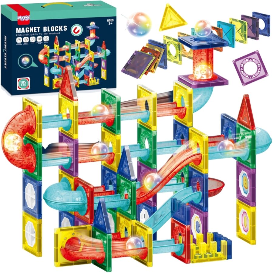 WOOPIE Klocki Magnetyczne Konstrukcyjne 3D Zestaw Edukacyjny Tor Kulkowy Kulodrom LED 105el.