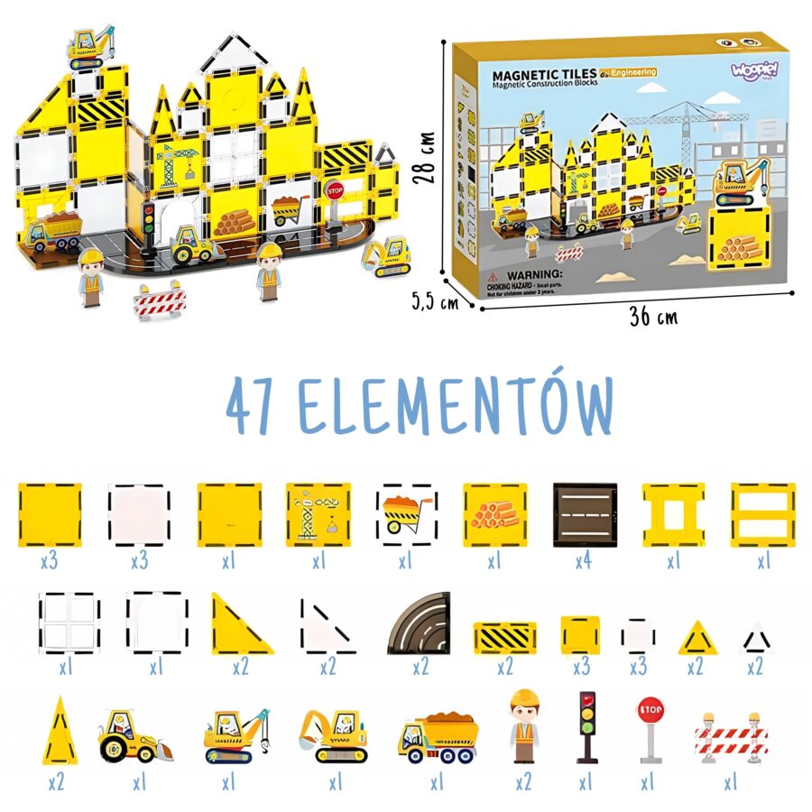 WOOPIE Magneyczne Klocki Konstrukcyjne 7,5 cm Plac Budowy STEAM 47 el.